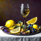 Still Life Composition: Lemons, Herbs, Mussels, and White Wine on Plate