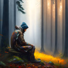 Person in Painted Jacket Contemplating on Sunlit Forest Bench