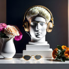 Sculpture with headphones, floral crown, sunglasses, and flowers on desk