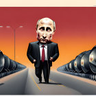 Cartoon illustration: Person in suit with oversized head on road with symbols and pipes under orange sky