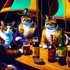 Regal cats in costumes on a ship with colorful sails and vintage bottles.