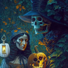 Three people in witch costumes with skull masks holding pumpkins in autumn forest