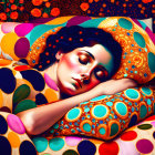 Woman resting among colorful patterned pillows and fabrics