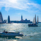 Stylized painting of Venice with gondolas and iconic architecture on sparkling waters