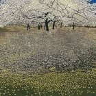 Illustration: Two women in traditional attire among cherry trees and yellow flowers