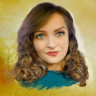 Woman with Wavy Hair and Green Eyes in Blue Scarf on Yellow Background