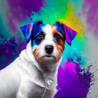 Colorful digital art: Jack Russell Terrier with paint splashes on face, against vibrant backdrop