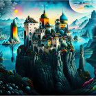 Colorful fantasy landscape: castle on floating island, moons in starry sky