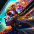 Surreal artwork: Woman's profile merges with cosmic landscape