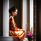 Woman in ornate orange dress sitting by window with bouquet of flowers