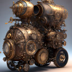 Steampunk-inspired mechanical sculpture with bronze and gold finishes