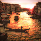 Tranquil river at sunset with traditional houses, boats, and a person standing.