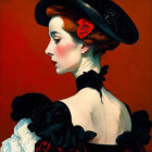 Profile of Woman in Black Hat with Red Rose, White Collar, Elegant Dress - Digital Painting