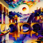 Colorful surreal landscape with stylized architecture and layered mountains