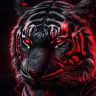 Neon tigers in dark setting with red foliage and bird silhouette