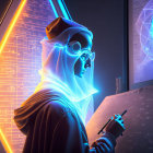 Person in hoodie and glasses studying scientific diagrams under neon lights