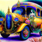 Vibrant painting of vintage car with mermaid in underwater scene