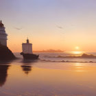 Tranquil beach sunset with lighthouse, birds, and ships in icy waters