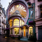 Ornate Art Nouveau building with ironwork and curved windows at twilight