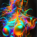 Colorful digital artwork: Woman with iridescent colors on dark background