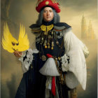 Regal 17th-Century Figure in Opulent Attire with Sword and Hat against Dram