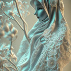 Woman with flower-decorated headscarf in ethereal forest setting