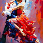 Colorful painting of couple dancing in vibrant attire on abstract background