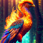 Majestic phoenix with radiant flames in mystical forest