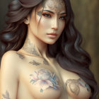 Detailed illustration of woman with ornate floral tattoos & metallic designs