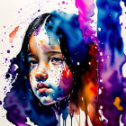 Colorful Watercolor Painting of Young Girl with Dripping Paint