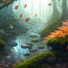 Misty Creek in Autumn Forest with Mossy Stones & Falling Leaves