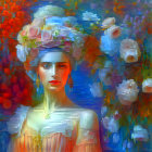 Vibrant painting of woman with floral headdress and colorful blossoms