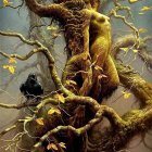 Whimsical painting of woman with flowing hair in tree with black bird, flowers, and orbs