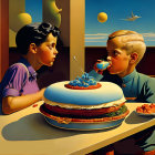 Children staring at each other blowing out candle on hamburger cake