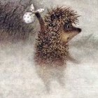 Fantasy hedgehogs with sea anemone-like quills in snowy scene