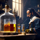 Historical figure studying vial among colorful potions in library setting