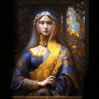 Digital painting of pale woman in blue and gold medieval attire on ornate backdrop