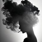 Person silhouette with smoke-like voluminous hairstyle on light background