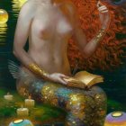 Red-haired mermaid reading book by tree near water