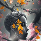 Illustration of woman with leaf hair in autumn and snow scene