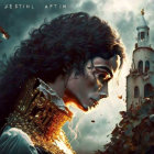 Side profile digital art: person with curly hair in ornate armor, fantasy castle, flying birds.