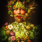 Vibrant fruit, vegetable, and flower head on person against dark background