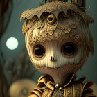 Steampunk character with mechanical owl head holding heart on muted background