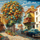 Colorful vintage car on cobblestone street with flourishing tree and quaint buildings under clear sky