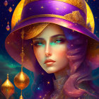 Woman with Deep Blue Eyes and Celestial Hat on Starry Background