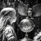 Monochrome image: Young girl with globe and eagle statue