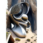 Surreal digital artwork: Organic landscape with metallic structures