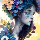 Colorful digital portrait of a woman with floral wreath and delicate petals