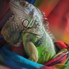 Colorful digital artwork: Lizard-bird creature with sharp teeth and textured frill