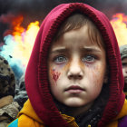 Child in red hood with solemn expression, freckles, and smudge, against blurry flames.